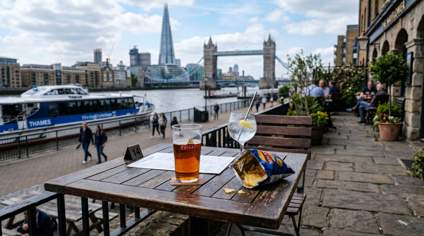 Pub table with drinks overlooking the River Thames, Tower Bridge, and The Shard